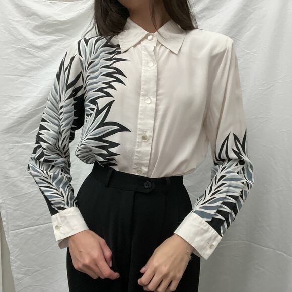 vintage 90s bob mackie white silk floral print collared button shirt blouse top - Picture 3 of 12